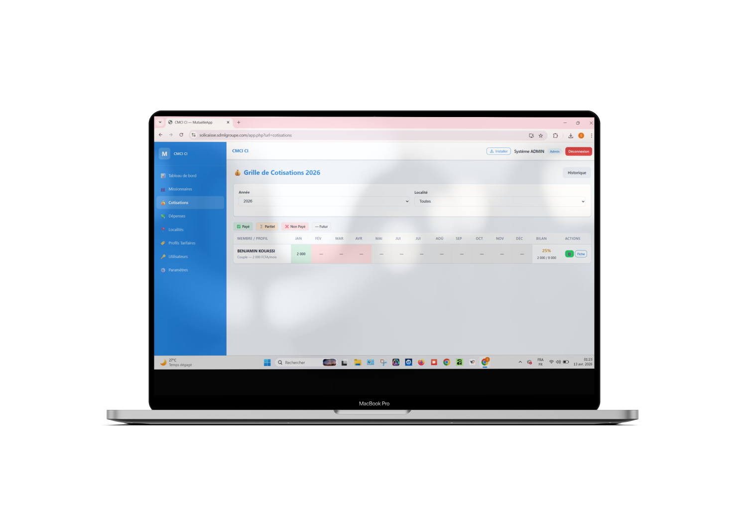 Interface du tableau de bord MutuelleApp